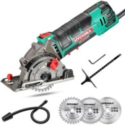 Scie Circulaire, HYCHIKA 500W Mini Scie Circulaire, 4500RPM, Profondeur De Coupe: 0-25mm, Moteur En Cuivre Pur, 3 Lames Pour Les Coupes De Bois, De Métal Mou, De Carreaux Et De Plastique