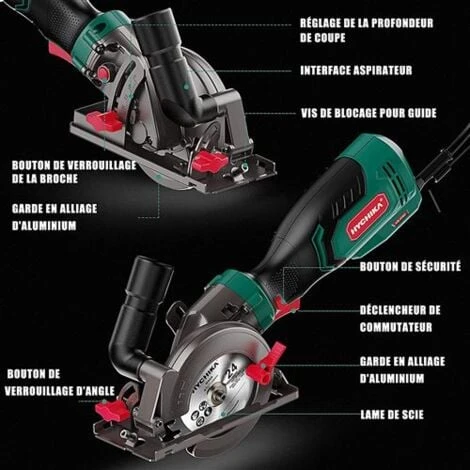Scie Circulaire 750W, HYCHIKA Mini Scie Circulaire 3500RPM, Profondeur De Coupe Maximale 48mm (90°) Et 32mm (45°), Moteur En Fil De Cuivre Pur 4 Scie Circulaire 750W, HYCHIKA Mini Scie Circulaire 3500RPM, Profondeur De Coupe Maximale 48mm (90°) Et 32mm (45°), Moteur En Fil De Cuivre Pur – Image 2