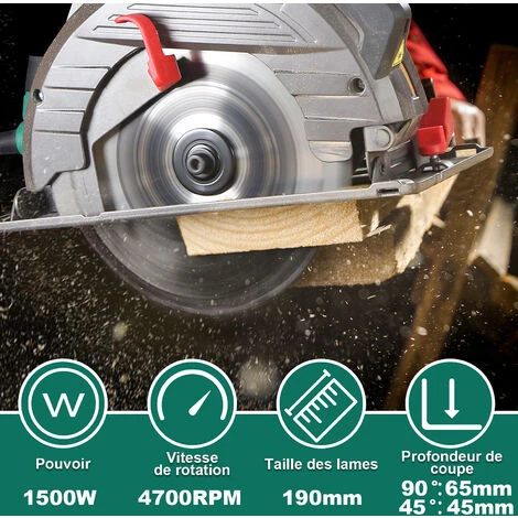 Scie Circulaire HYCHIKA 1500W, 4700PRM, 2 Lames De Scie Ø 190mm (40T&24T), Profondeur De Coupe Max.:65mm(90°), 45mm(45°), Moteur En Cuivre Pur, 3m Cordon D'alimentation 4 Scie Circulaire HYCHIKA 1500W, 4700PRM, 2 Lames De Scie Ø 190mm (40T&24T), Profondeur De Coupe Max.:65mm(90°), 45mm(45°), Moteur En Cuivre Pur, 3m Cordon D'alimentation – Image 2