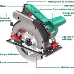 Scie Circulaire HYCHIKA 1500W, 4700PRM, 2 Lames De Scie Ø 190mm (40T&24T), Profondeur De Coupe Max.:65mm(90°), 45mm(45°), Moteur En Cuivre Pur, 3m Cordon D'alimentation 11 Scie Circulaire HYCHIKA 1500W, 4700PRM, 2 Lames De Scie Ø 190mm (40T&24T), Profondeur De Coupe Max.:65mm(90°), 45mm(45°), Moteur En Cuivre Pur, 3m Cordon D'alimentation -Makitch Magasin 31787756 5