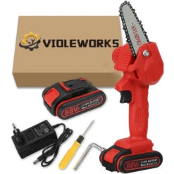VIOLEWORKS 88V 1080W 4 Pouce Scie à Bois Portable Scie à Chaine Tronconneuse à Batterie élagueuse électrique Sans Fil (Rouge, 1 Batterie)