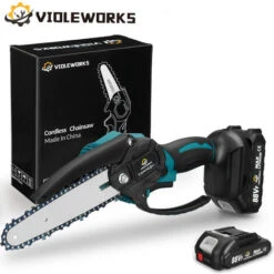 Tronconneuse élagueuse Sans Fil 120mm 6'' 2 Batterie 18V Scie à Buche Scie à Chaine Tronconneuse à Batterie élagueuse électrique Sans Fil VIOLEWORKS 1 Chargeur LCD Affichage