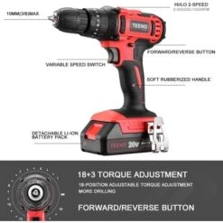 TEENO Perceuse Visseuse A Percussion Sans Fil PSR 20v+2A Batterie Lithium +2Vitesses+ Gants Professionnels (Deux Batterie) -Makitch Magasin 59229546 2