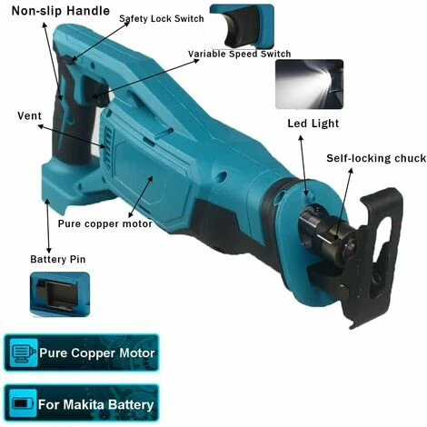 Scie Alternative Sans Fil, Remplacement De La Scie Alternative Makita DJR183Z, Vitesse Variable, Avec 4 Lames, Lumière LED, 0-3000SPM, Pour Couper Le Bois, Compatible Avec La Batterie Makita (batterie 4 Scie Alternative Sans Fil, Remplacement De La Scie Alternative Makita DJR183Z, Vitesse Variable, Avec 4 Lames, Lumière LED, 0-3000SPM, Pour Couper Le Bois, Compatible Avec La Batterie Makita (batterie – Image 2